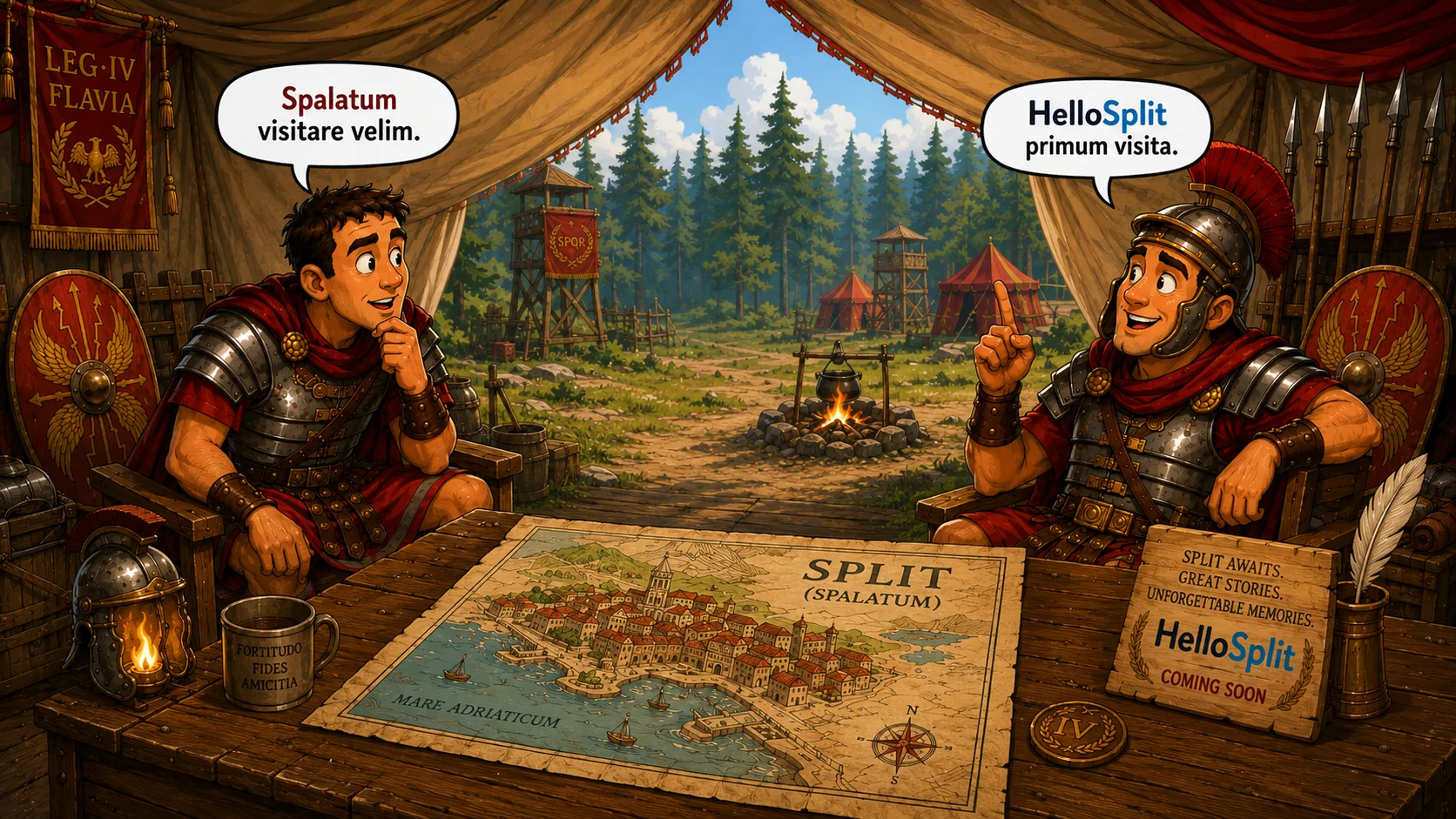Cartoon illustration of two Roman soldiers in a tent discussing a visit to Split in Latin, with a map of Split on the table.